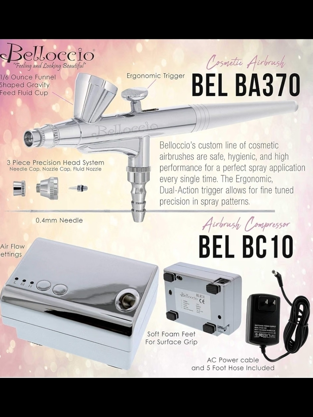 Belloccio Airbrush Makeup System Kit 4 Tan Foundations Compressor Set - Picture 6 of 7